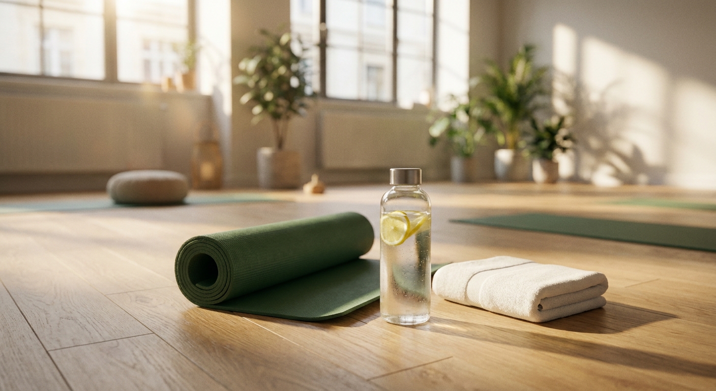 Water bottle and yoga mat prepared for hot yoga hydration at Sterling Hot Yoga